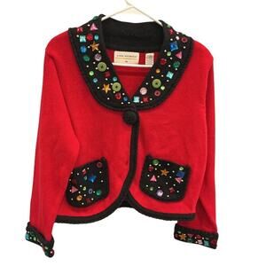 Vintage Lisa Nichols Womens Christmas Sweater Size M Red Bejeweled Ugly Bling